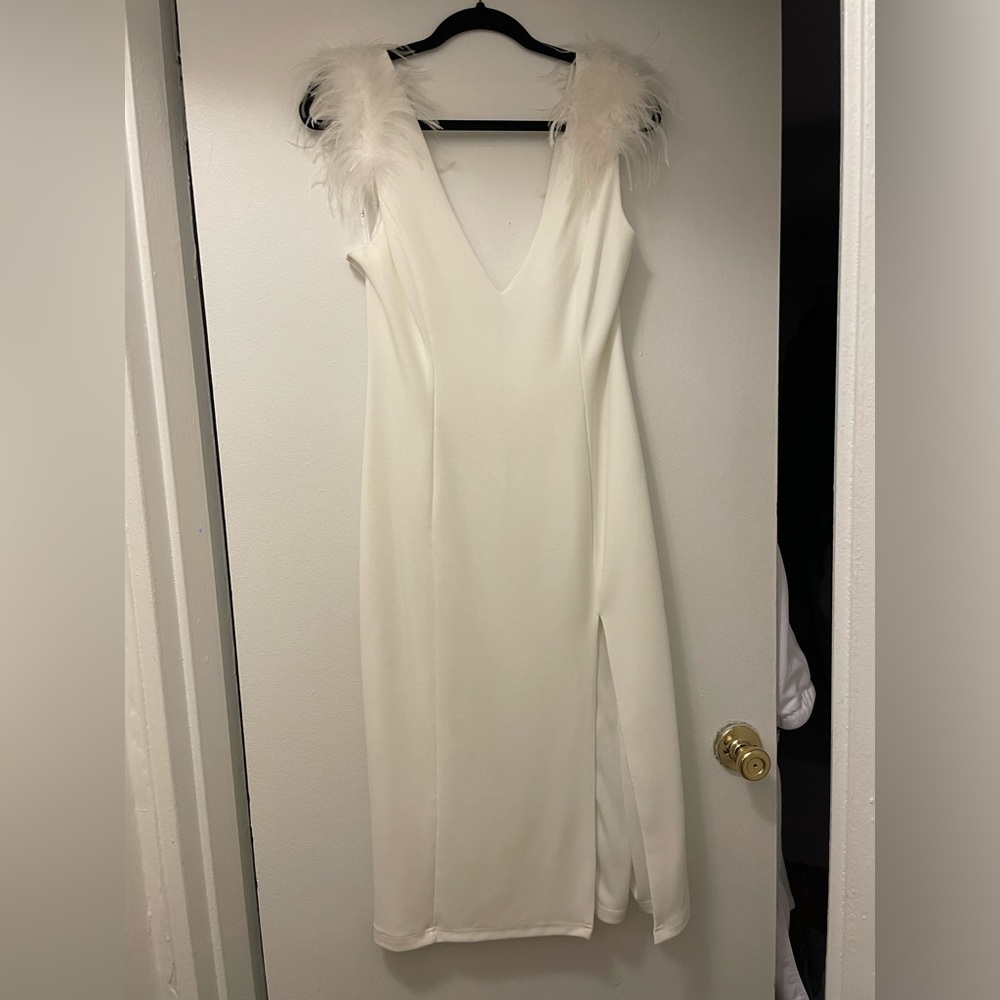 Bridal shower or engagement dress - White Feather Bodycon Midi Dress size medium